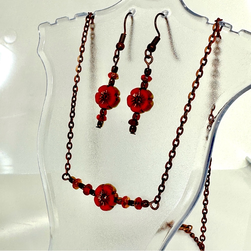 Czech glass bead matching handmade red and copper necklace and earring set